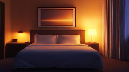 Serene and Inviting Hotel Room with Neatly Made White Bed, Warm Lighting, and Modern Decor for Relaxation and Comfort