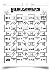Multiplication maze puzzle worksheet for children