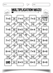 Multiplication maze puzzle worksheet for children