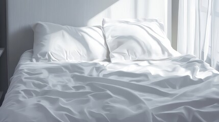 Soft White Bed with Neatly Arranged Pillows and Sheets Bathed in Natural Light for Serene Bedroom Atmosphere