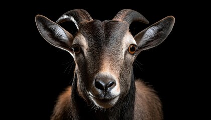 close-up portrait of a goat with detailed fur texture and sharp eyes on a black background
