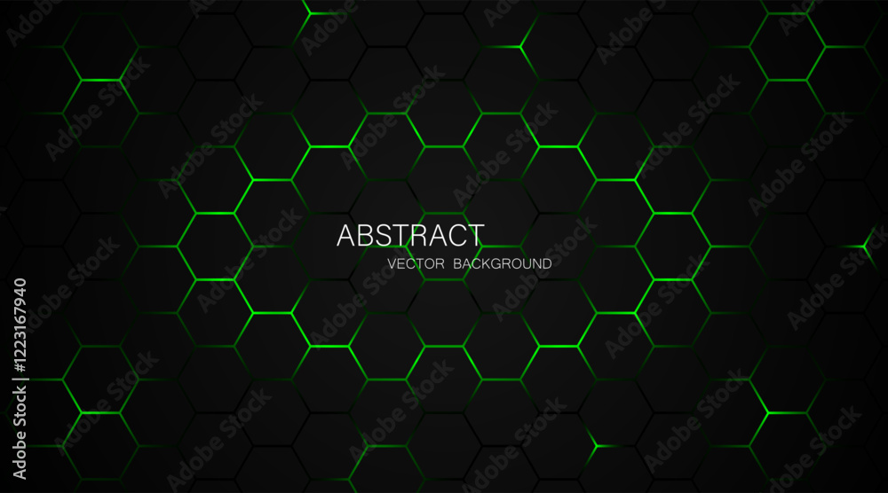 Poster black steel mesh background with green glow lines with empty space for design. modern technology inn
