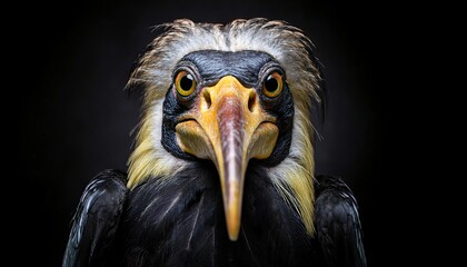 Obraz premium close-up front-facing portrait of a hornbill with vibrant yellow beak and striking plumage on a black background 