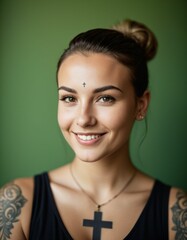 Fototapeta premium a young woman with a cross tattooed on her forehead