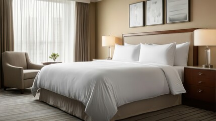 Fototapeta premium Elegant and Clean Hotel Room Setup Featuring Fresh White Bedding, Cozy Chair, and Stylish Décor for Relaxation and Comfort in Modern Hospitality
