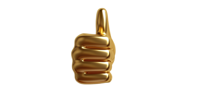 A shiny golden thumbs-up symbol representing approval and positivity in a modern digital art style