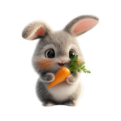 Fluffy 3D Cartoon Bunny Eating a Carrot with Oversized Floppy Ears Isolated on Transparent Background