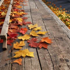 Autumn leaves and twigs arranged on a wooden bench, autumn leaves, warm tones