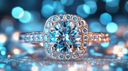 Fototapeta premium Sparkling Diamond Engagement Ring with Halo Setting Close up Macro Shot