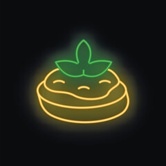 Glowing neon sign depicting a bowl of hummus with a basil leaf on top, in a kawaii style, against a black background