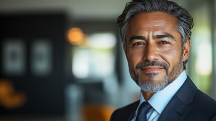 Confident businessman in a suit smiling warmly in a modern office setting with blurred background