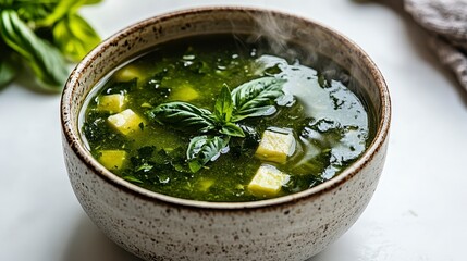 Delicious Steaming Green Basil Soup with Tofu Cubes in a Rustic Bowl