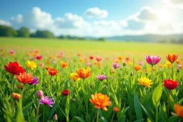 Rainbow-colored flowers in a field of tall grass, landscape, fields