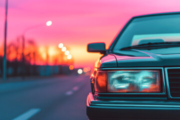 Classic car sunset drive urban road evening close-up adventure