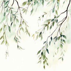 Naklejka premium Hanging willow branches, green leaves, misty background, nature wallpaper