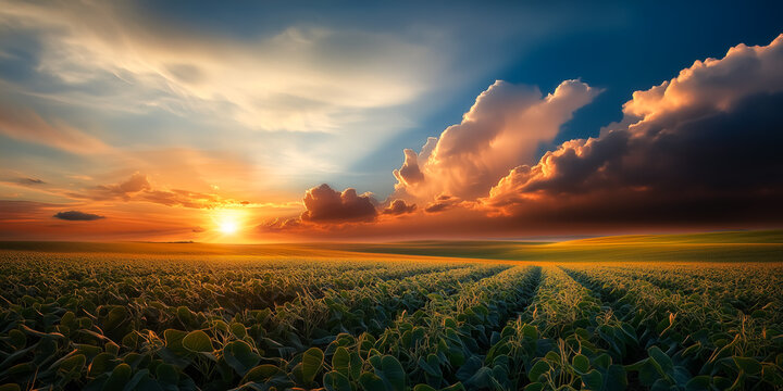 Paisagem de uma vasta planta&ccedil;&atilde;o de soja ao p&ocirc;r do sol, c&eacute;u carregado de nuvens de chuva.