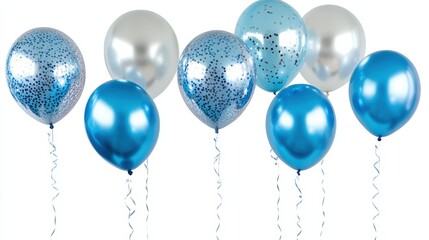 Shiny blue and silver balloons with confetti pattern against white background