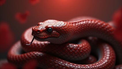 Fototapeta premium Red Snake Coiled with Blurred Red Background
