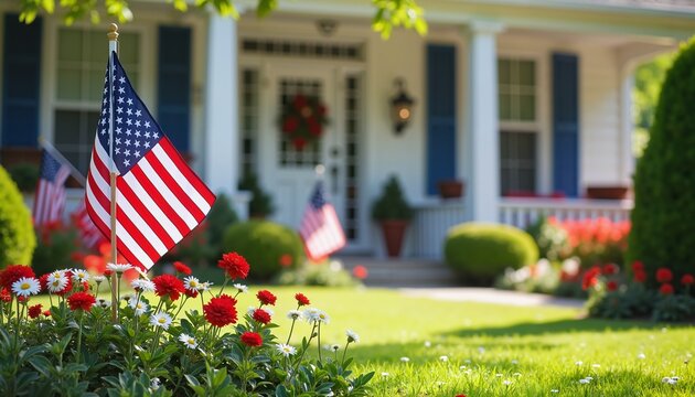 American flags in vibrant garden, summer daylight, Independence Day patriotic decor