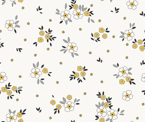 Vintage seamless floral pattern. Ditsy style background of small yellow flowers. Small blooming flowers scattered over a white background. Stock vector for printing on surfaces and web design.