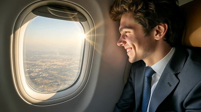 businessman looking through window inside a plane