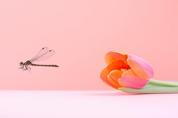 Fototapeta premium A vibrant dragonfly hovering near a colorful tulip against a soft pink background