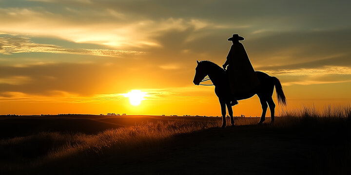 Silhueta de um vaqueiro ga&uacute;cho de chap&eacute;u e poncho em cima de um cavalo crioulo ao p&ocirc;r do sol.