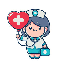 Cute Cartoon Nurse with Heart Balloon and Medical Kit