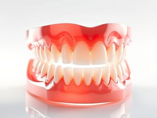 Obraz premium Vibrant Dentures on Glossy White Background - AI Photorealistic Dental Illustration