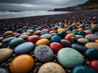 Obraz premium Brightly colourful pebbles scattered along a serene beach under an overcast sky. 