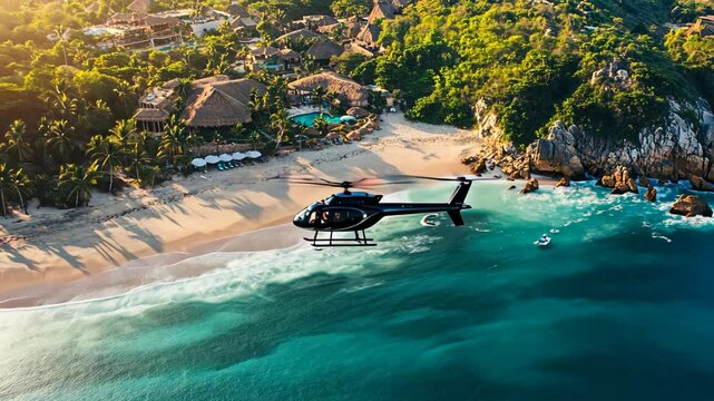 helicopter flying over a luxury beach resort