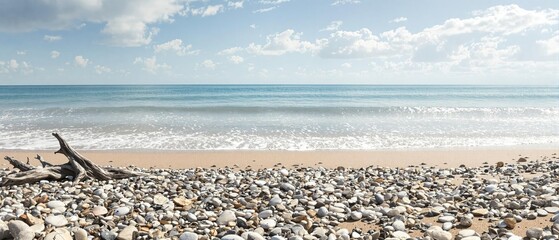 Beach scene with shells, pebbles and driftwood scattered along the shoreline, treasure hunt, shore, beachcombing