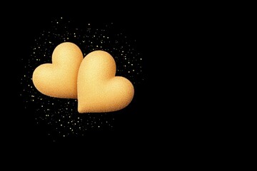 Two golden hearts surrounded by sparkling glitter on a black background, symbolizing love
