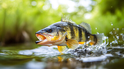 Bass jumps out of water creating splashes in serene natural environment