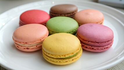 Obraz premium Close up colorful macarons cakes. Macaroons isolated on a white plate. A french sweet delicacy