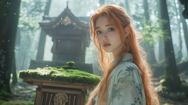 Young actress posing in traditional japanese clothing in a misty forest near a small temple - Powered by Adobe