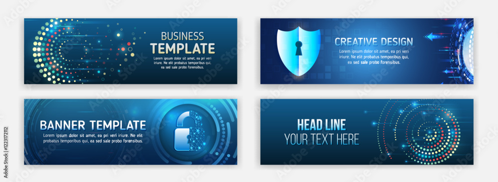 Poster internet communication, science, big data, cover design set. sci-fi vector sample concept. high-tech