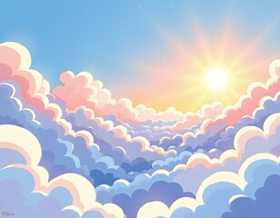Fototapeta premium sky filled with fluffy white clouds and sun shining