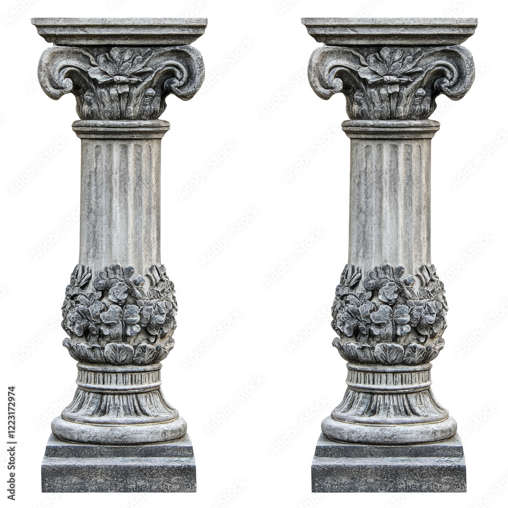 Poster a pair of identical, intricately carved stone columns with floral ornamentation stand side-by-side a