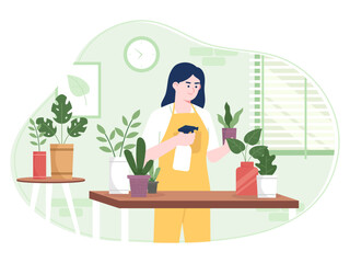A woman is taking care of plants on a table flat illustration