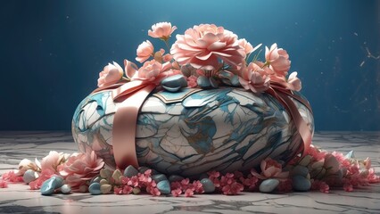 A marble-like slab is partially covered with vibrant flowers in shades of pink,