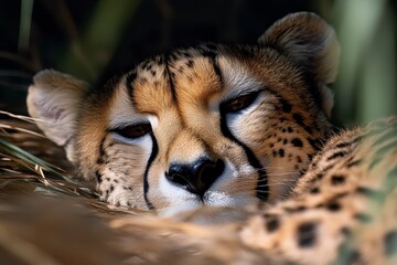 Cheetah at Rest in Tall Grass, showcasing the serene beauty and intricate textures of wildlife in a sunlit environment.