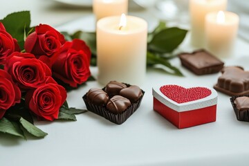 Naklejka premium A romantic table setting with red roses, gourmet chocolates, and soft candlelight, perfect for celebrating love and special occasions.