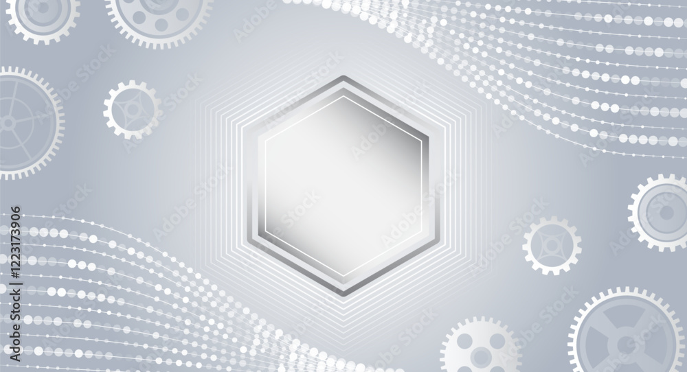 Poster Hi-tech grey background with various technology elements. Vector illustration of hexagons, lines and arrows. Abstract futuristic communication.