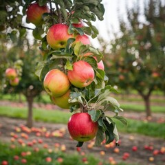 Ripe apples hanging on a branch in an orchard with fallen fruit on the ground