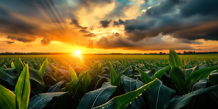 Paisagem de uma planta&ccedil;&atilde;o de milho ap&oacute;s uma intensa chuva, p&ocirc;r do sol e um c&eacute;u cheio de nuvens.