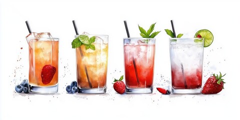 Refreshing summer cocktails with ice, fruits, and herbs, watercolor painting