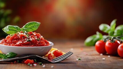 Fresh tomato sauce with basil and parmesan on rustic wooden table