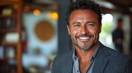 Obraz premium Confident man smiling in a stylish indoor setting with soft lighting and modern decor