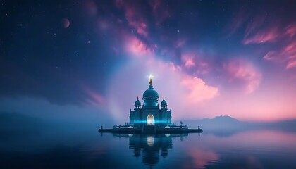 Obraz premium Serene Temple on Calm Waters Under Starry Sky